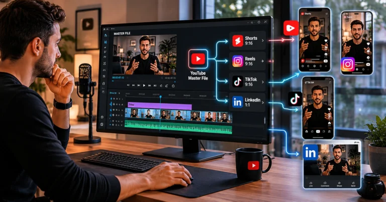 Workflow diagram showing one YouTube video repurposed into platform-specific clips with format annotations