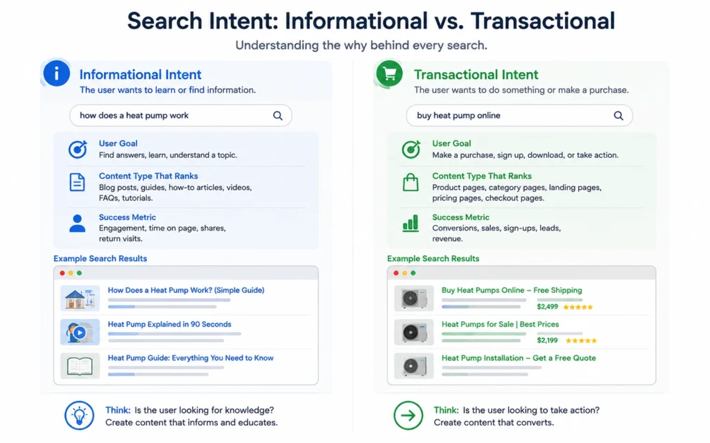 Comparison between informational and transactional search intent examples