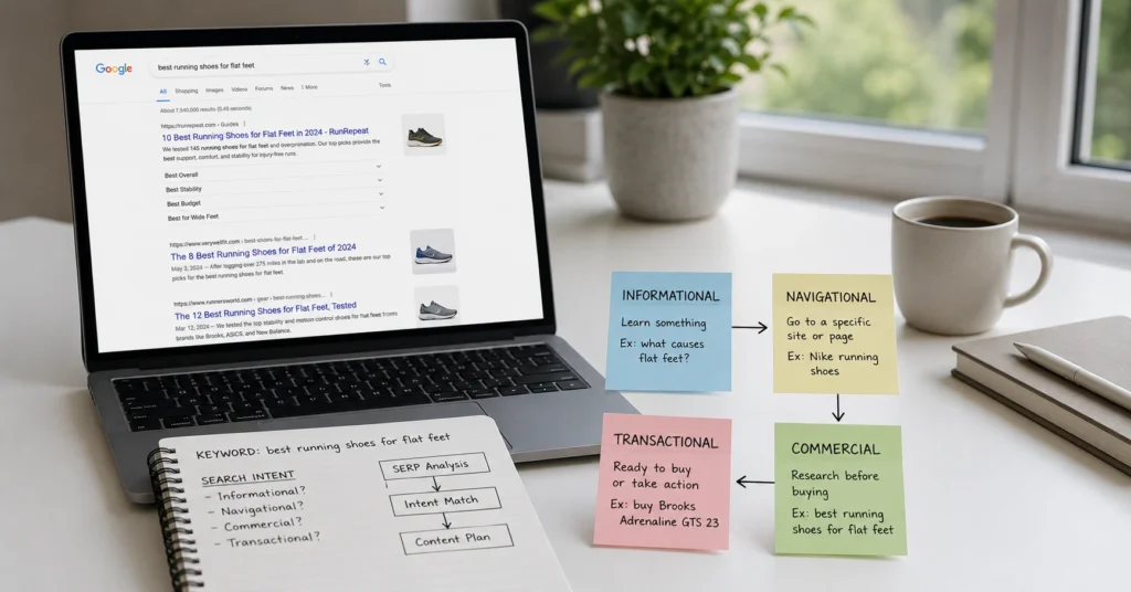 Laptop displaying Google search results with sticky notes showing the four types of search intent arranged on desk