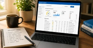 Person building seed keywords list on laptop with handwritten notes