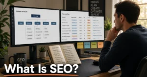 Beginner learning SEO by reviewing website pages, keywords, and search rankings on a desktop setup