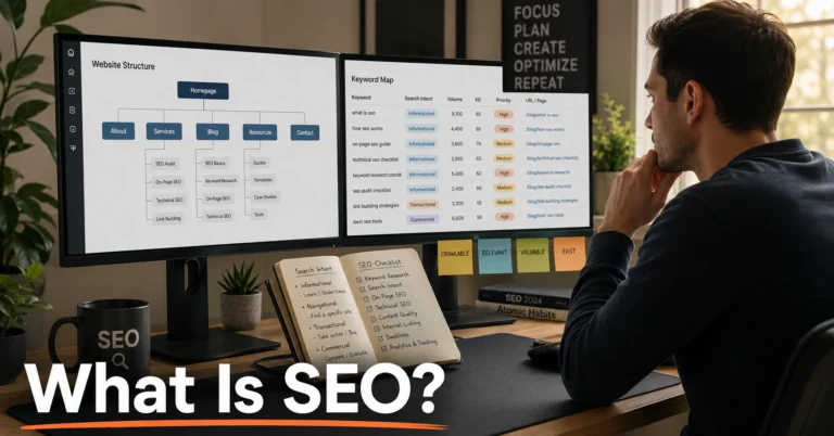 Beginner learning SEO by reviewing website pages, keywords, and search rankings on a desktop setup