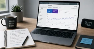 Laptop displaying SEO analytics dashboard with ranking factors checklist on desk