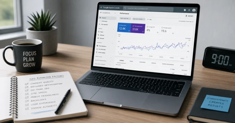 Laptop displaying SEO analytics dashboard with ranking factors checklist on desk