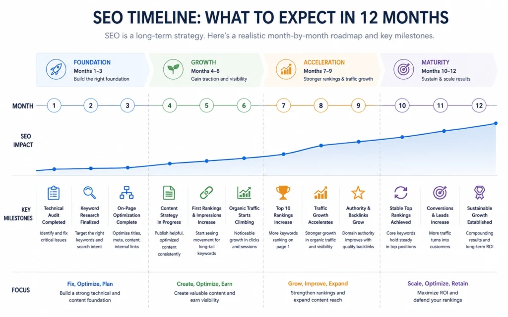 SEO timeline with milestones from publishing to ranking improvements