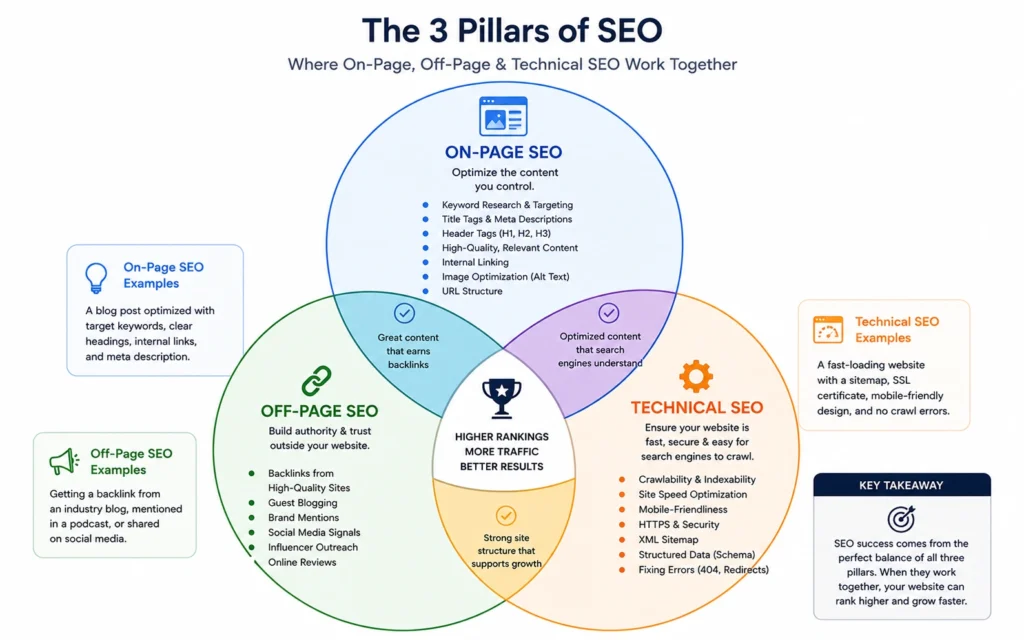 Diagram showing relationship between on-page SEO, off-page SEO, and technical SEO with practical examples