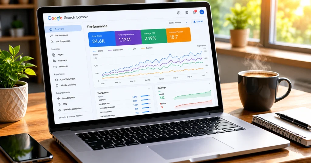 Laptop showing Google Search Console performance graph with steady organic traffic growth