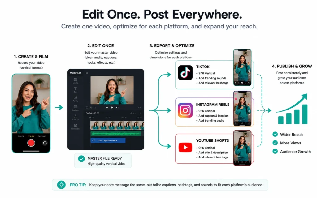 Short-form video workflow: edit once, publish to TikTok, Reels, and Shorts