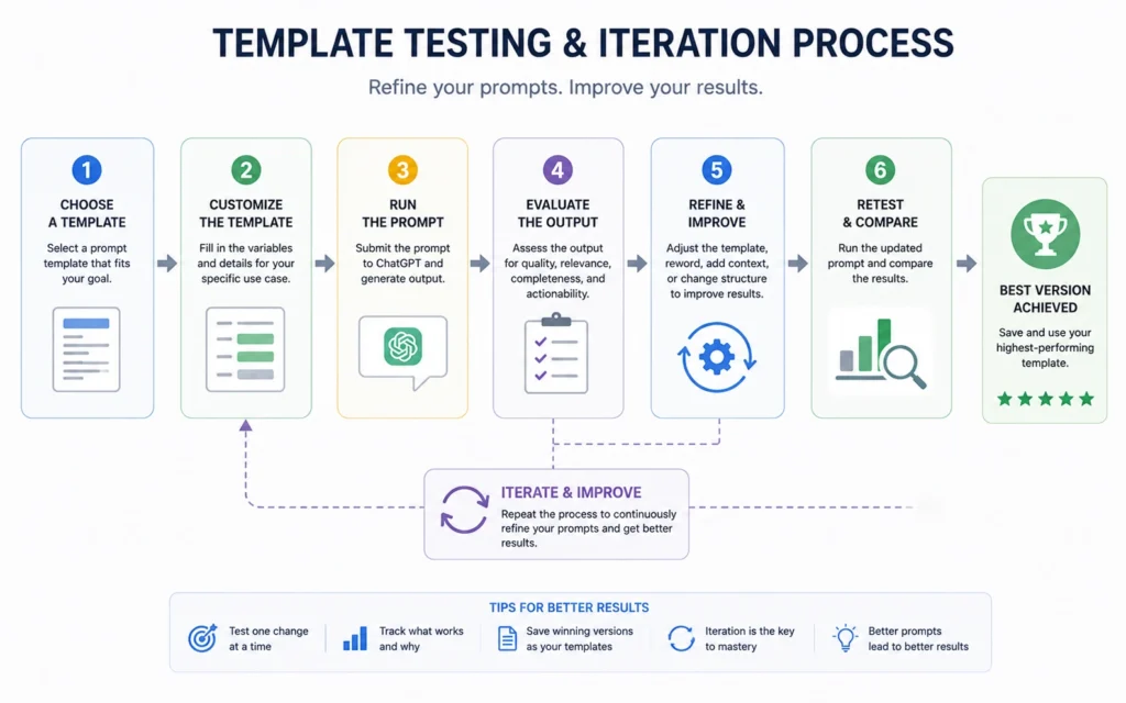 Three-step workflow for testing and refining ChatGPT prompt templates
