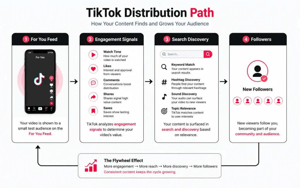 TikTok algorithm distribution model showing how videos reach new viewers