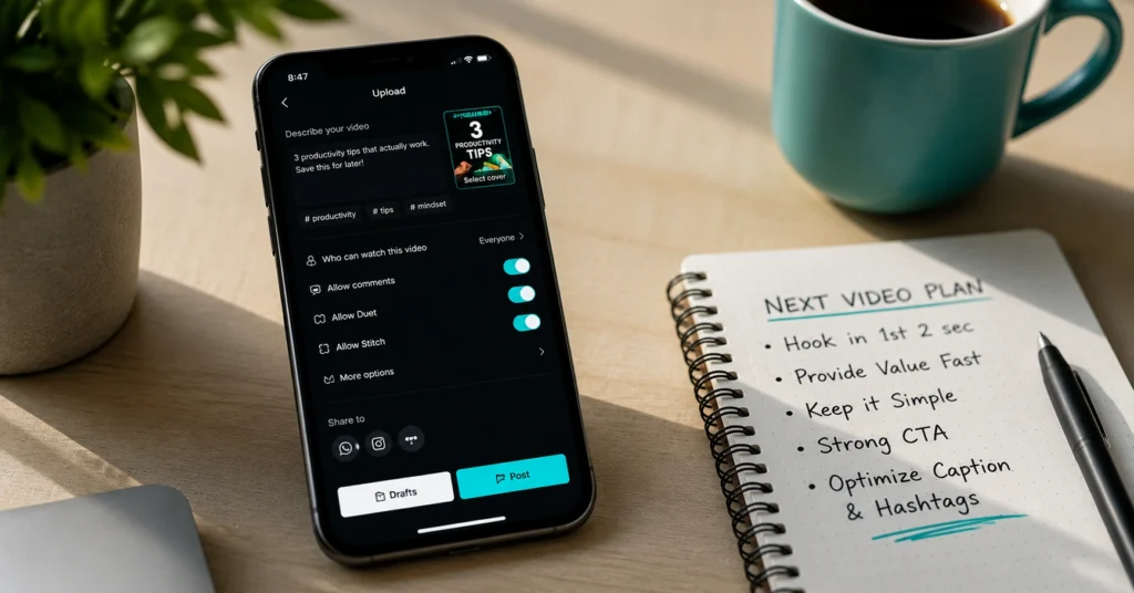 Beginner setting up first TikTok video on smartphone with simple checklist
