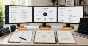Three types of SEO workflow diagram showing on-page content optimization, off-page link building, and technical site infrastructure