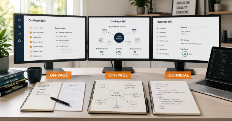 Three types of SEO workflow diagram showing on-page content optimization, off-page link building, and technical site infrastructure