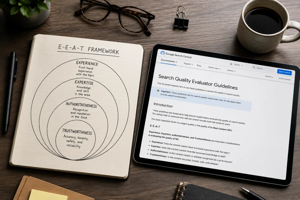 Conceptual desk diagram breaking down the architectural layers of E-E-A-T SEO for modern digital publishing