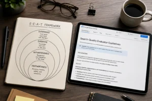 Conceptual desk diagram breaking down the architectural layers of E-E-A-T SEO for modern digital publishing