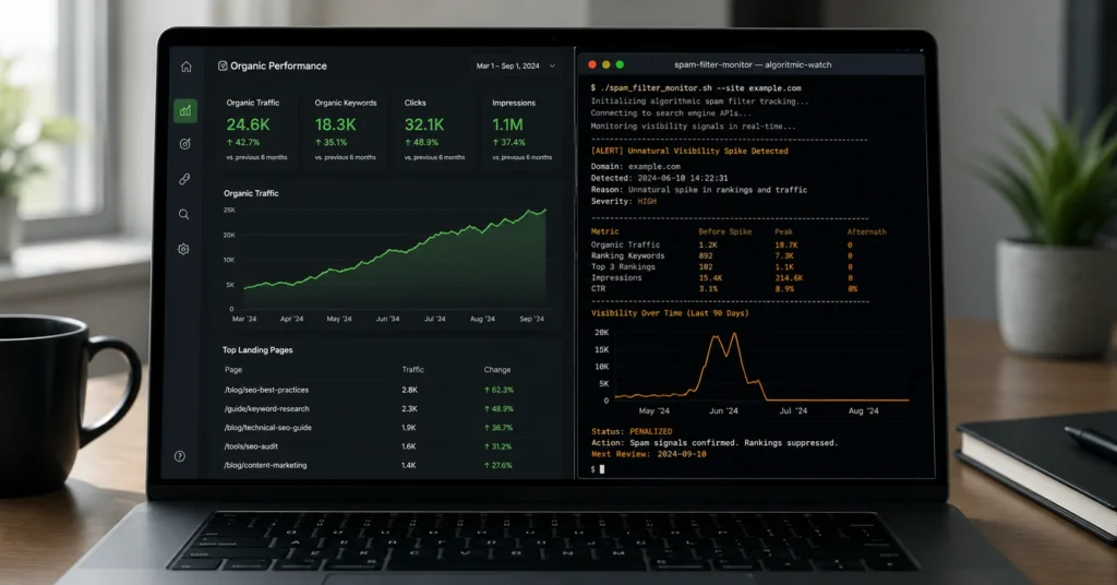 A split workspace monitor visualizing stable, organic traffic growth alongside a sharp traffic collapse caused by automated optimization penalties.
