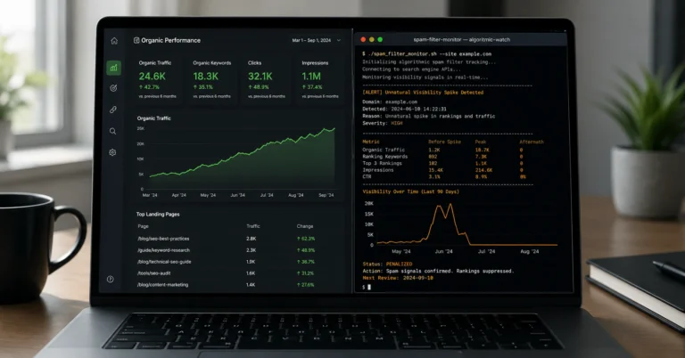 A split workspace monitor visualizing stable, organic traffic growth alongside a sharp traffic collapse caused by automated optimization penalties.