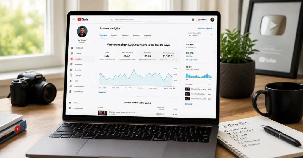 YouTube Studio analytics dashboard showing key metrics for beginners