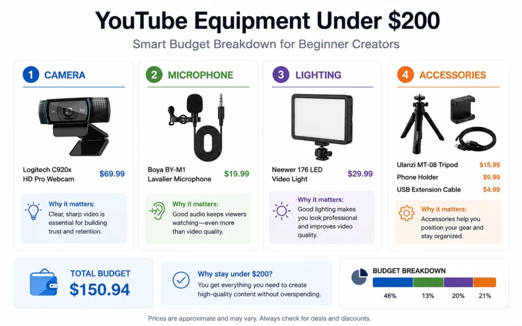 Budget allocation for beginner YouTube equipment under $200