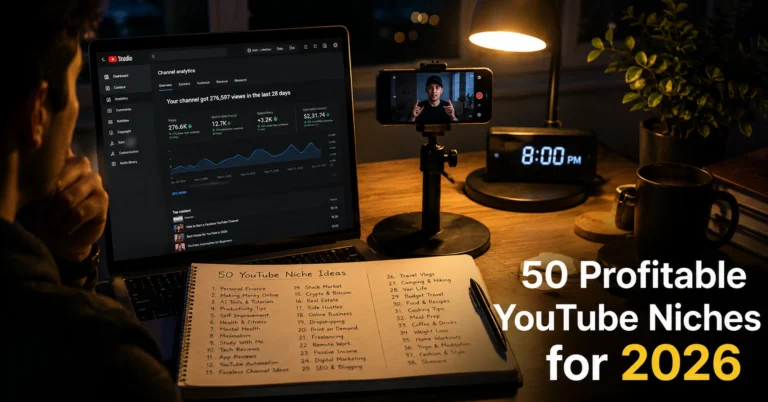 Creator desk with laptop showing YouTube Studio, phone recording, and notebook listing 50 profitable YouTube channel niches for 2026