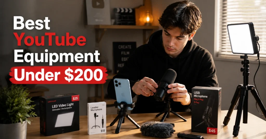 Beginner YouTube creator setup with smartphone, microphone, tripod, and LED light under a $200 budget