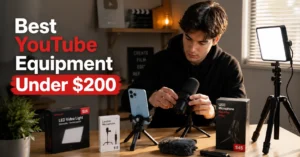 Beginner YouTube creator setup with smartphone, microphone, tripod, and LED light under a $200 budget