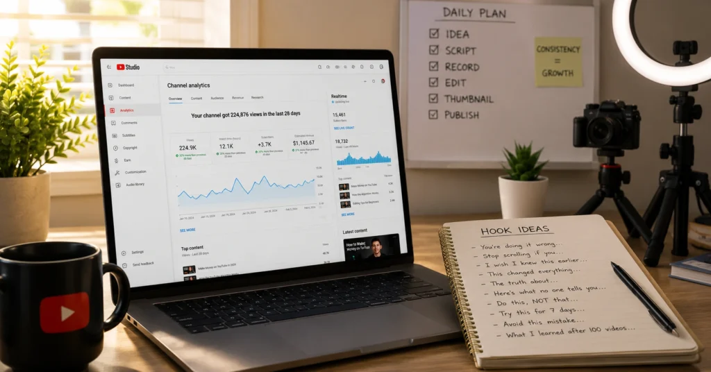 Creator reviewing YouTube analytics and planning video hooks at a desk setup