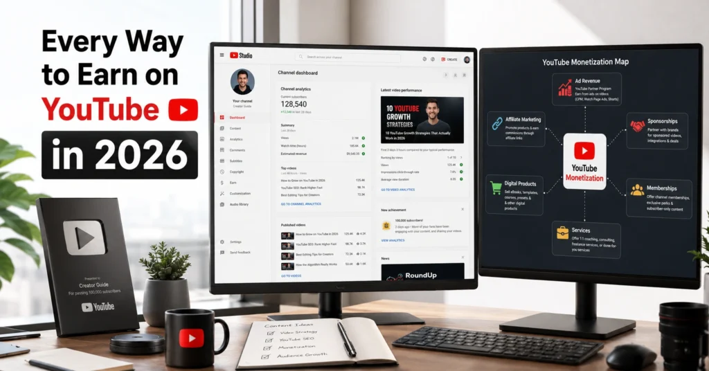 Creator planning multiple YouTube monetization streams including ads, affiliates, sponsorships, products, and memberships.