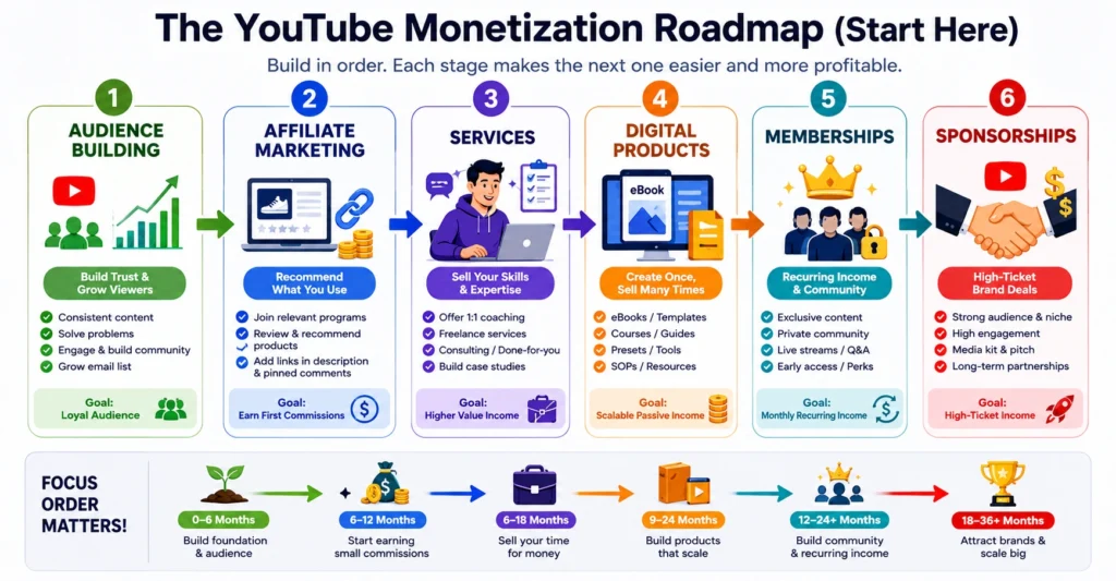 YouTube monetization roadmap showing audience growth followed by affiliate marketing, services, products, memberships, and sponsorships.