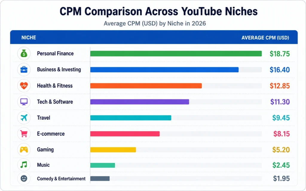 Comparison of YouTube niche CPM ranges