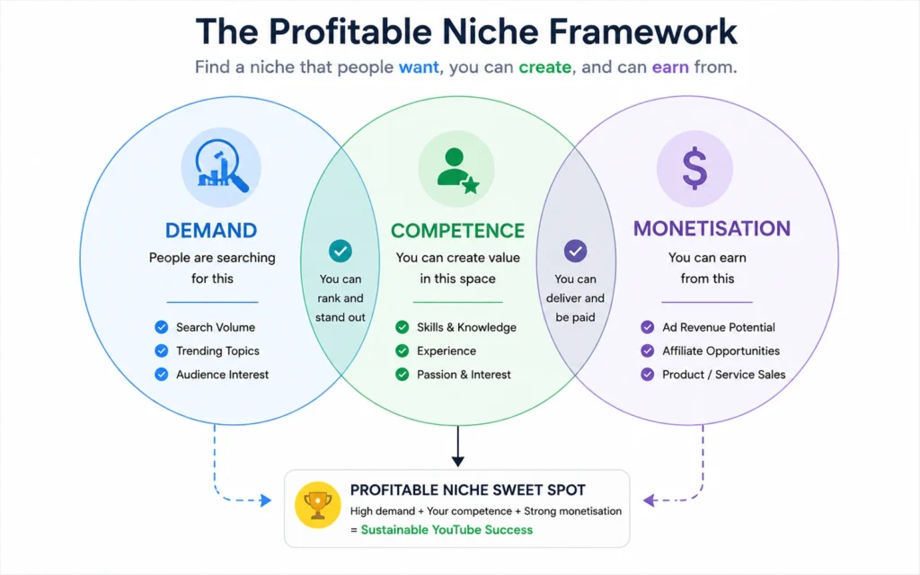 3-circle niche selection framework showing demand, competence, and monetisation overlap for YouTube channel ideas