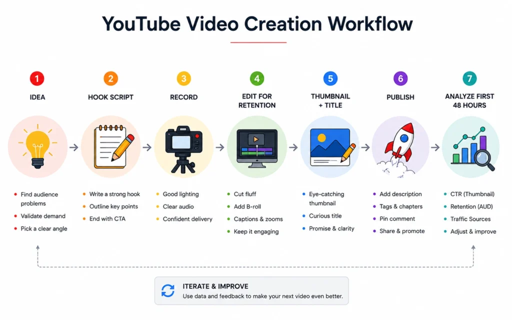 YouTube video production workflow focused on retention and packaging