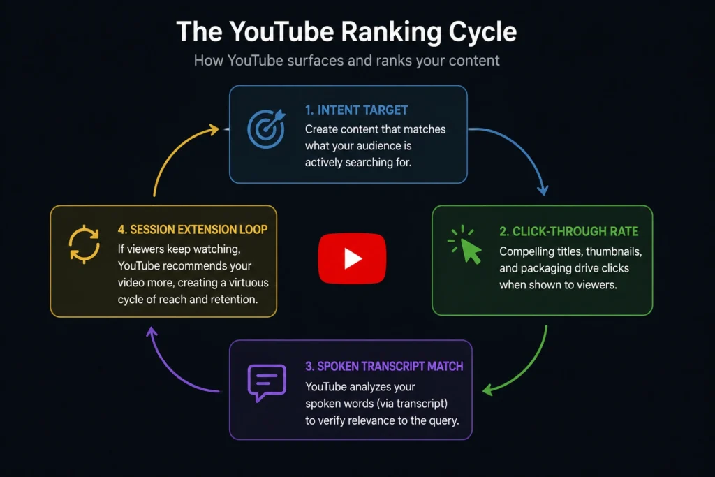 A workflow diagram illustrating the multi-layered YouTube search optimization engine from initial user click to session depth rewards.