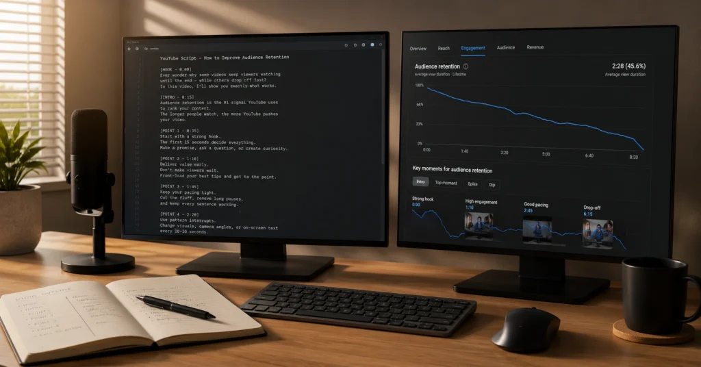 YouTube script drafting workflow with retention graph and editing timeline visible