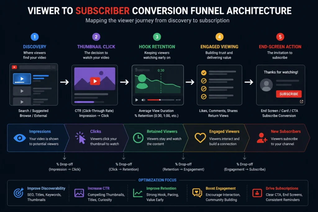 Diagram showing the five stages of a high-conversion YouTube video funnel from impression to subscriber acquisition
