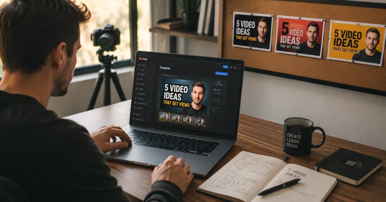 Creator workspace showing YouTube thumbnail design process with laptop, camera, and thumbnail variations