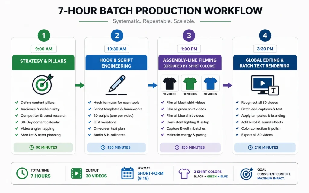A linear production timeline diagram breaking down the 7-hour batch content creation day into distinct strategy, scripting, filming, and editing blocks