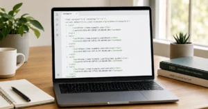An XML sitemap document with clean tag structures displayed on a laptop screen resting on an organized office workspace table