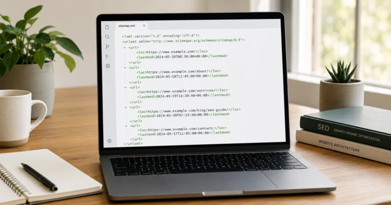 An XML sitemap document with clean tag structures displayed on a laptop screen resting on an organized office workspace table