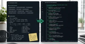 A split-screen digital dashboard displaying raw content research notes transforming into a highly structured markdown blog post outline