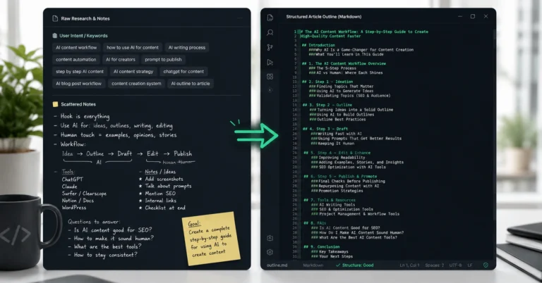 A split-screen digital dashboard displaying raw content research notes transforming into a highly structured markdown blog post outline