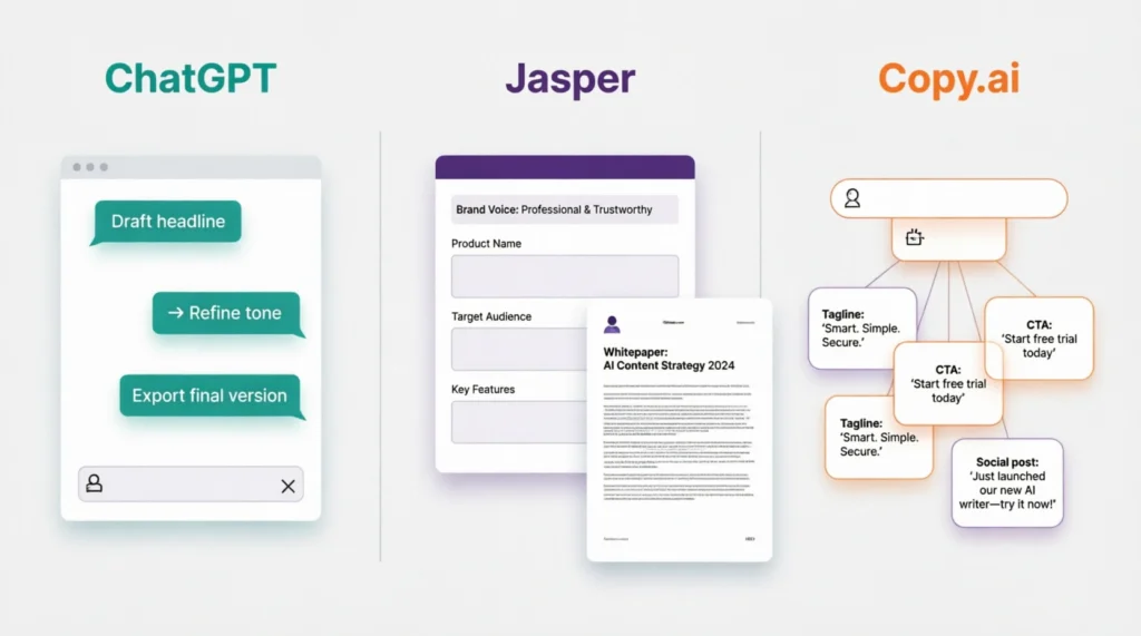Content workflow comparison across three AI tools