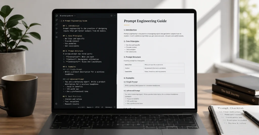 Split screen showing an AI-generated content outline being manually edited into a final draft
