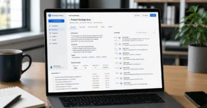 AI meeting summary tool interface showing transcript with timestamps and flagged action items on laptop screen