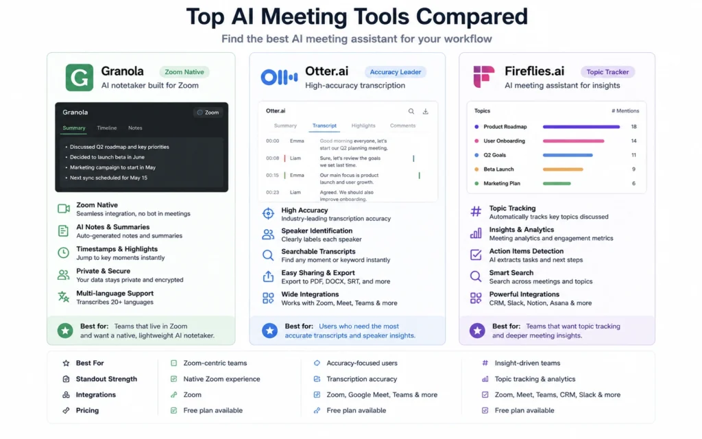 Comparison of Granola, Otter.ai, and Fireflies.ai AI meeting summary tools with features and pricing