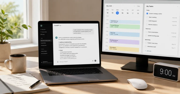 Knowledge worker's desk with AI productivity tools running on multiple screens