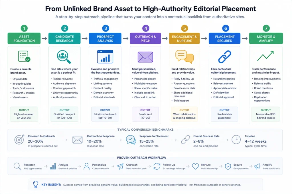 Outreach pipeline visualization mapping candidate research to successful anchor placement