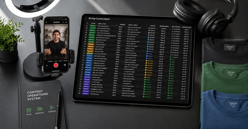 A top-down workspace view showing a smartphone video setup, a structured 30-day production calendar tablet, and staged wardrobe layers for batch content creation