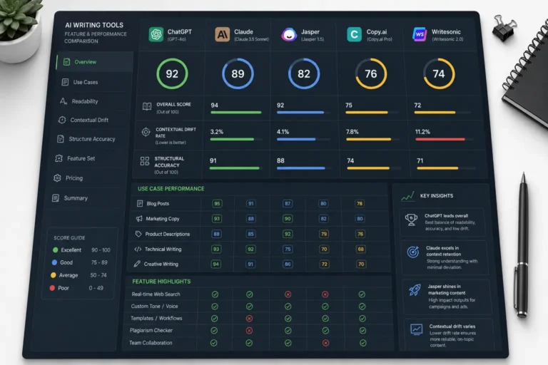An analytical comparison matrix showing performance metrics for different categories of AI writing tools