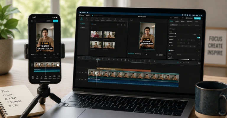 “Mobile and desktop short-form video editing setup with CapCut open on phone and laptop